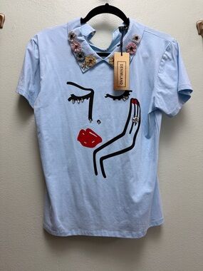 Denimland Light Blue Embellished Graphic Women's Tee